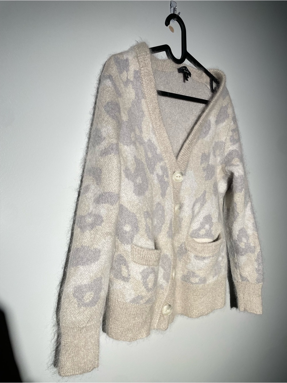 rag & bone Mohair Alpaca Blend Leopard Cardigan Sweater Beige Grey V-Neck